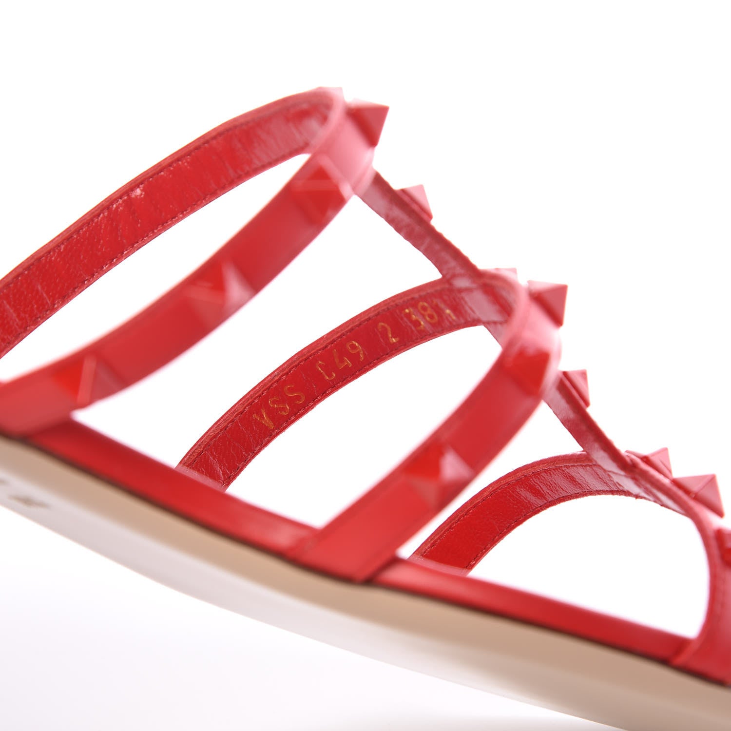 Valentino Garavani Calfskin Lacquered Monochrome Rockstud Caged Flat Slide Sandals 38.5 Rouge Pur 8 of 9