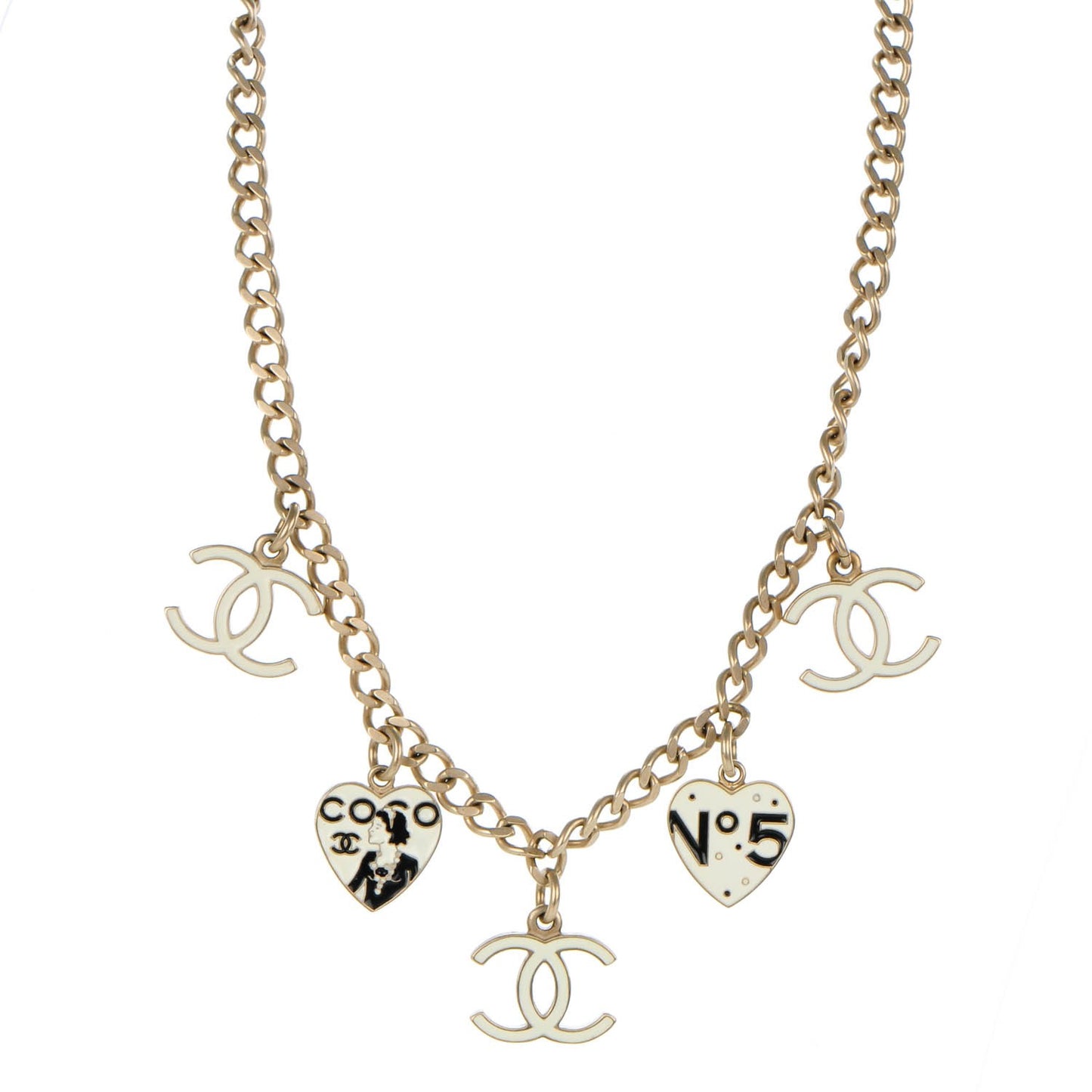 Enamel Heart CC Charm Necklace White Gold