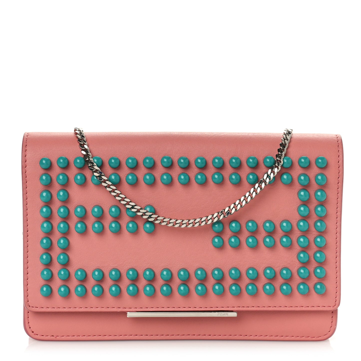 Vitello Studded Tube Wallet on Chain Pink