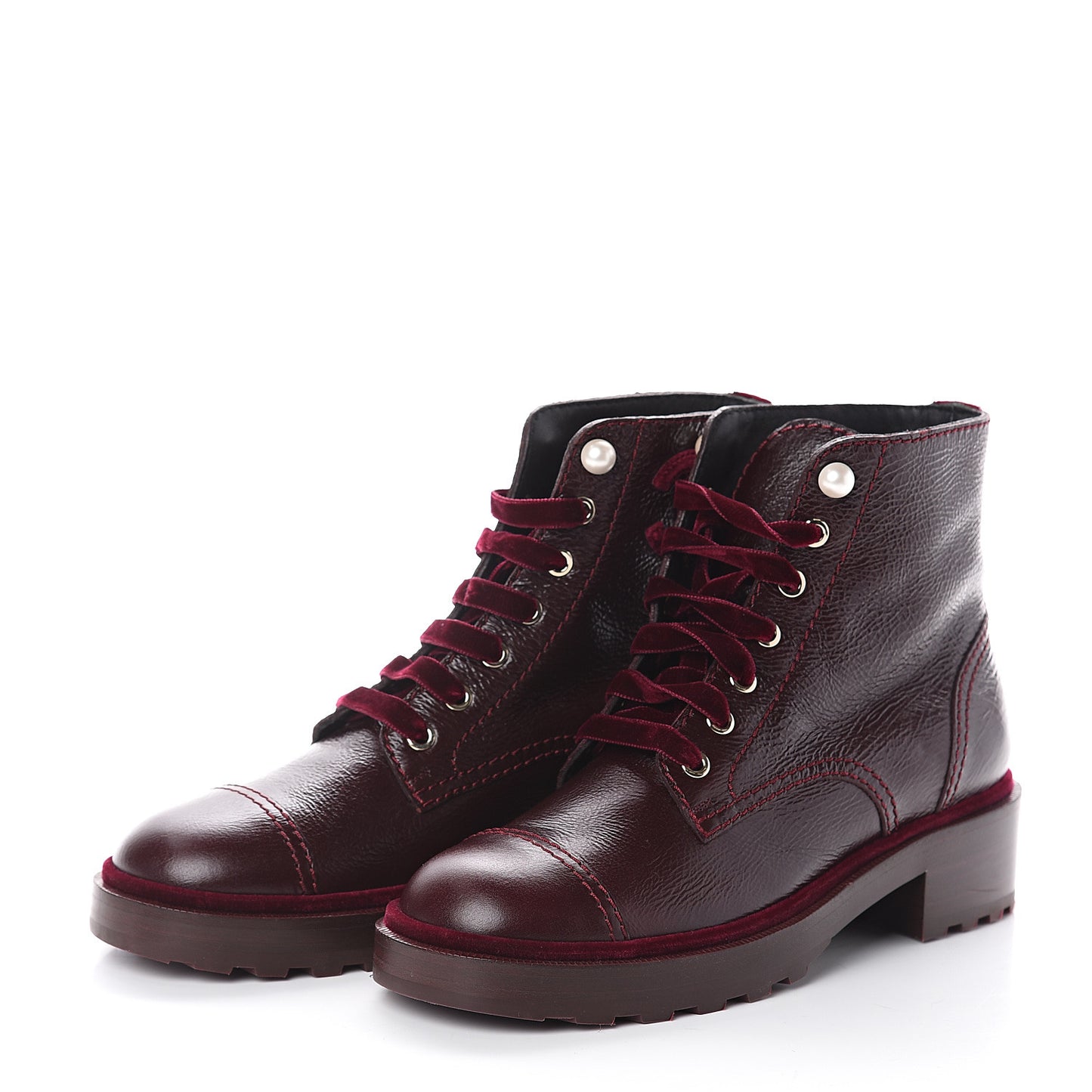 Calfskin Velvet Pearl Combat Short Boots 39.5 Burgundy