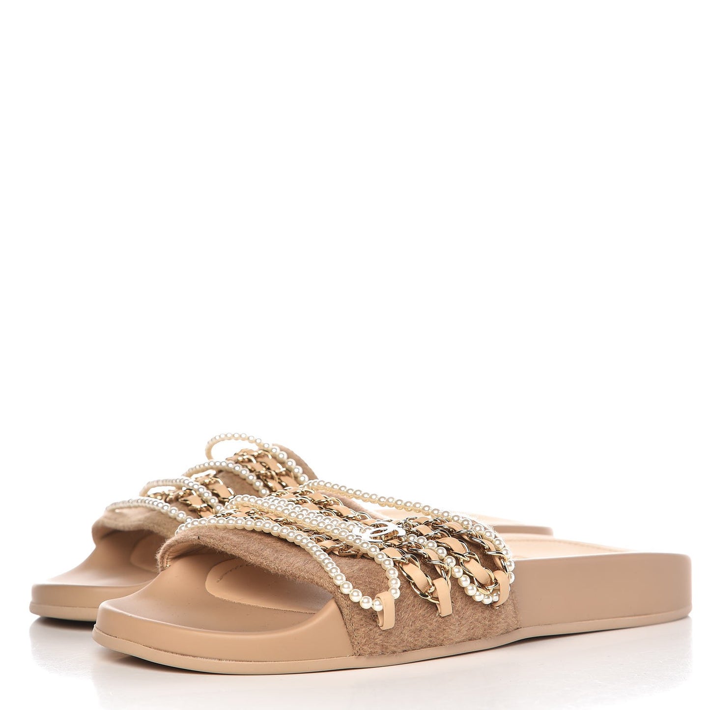 Felt Pearl Lambskin Chain Flat Sandals 37 Beige