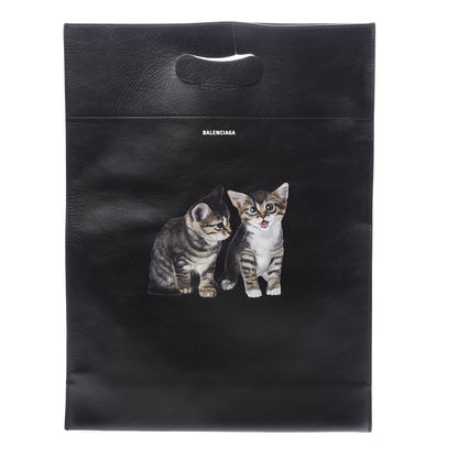 Balenciaga Calfskin Printed Kitten Plastic Bag Shopper S Black 1 of 10