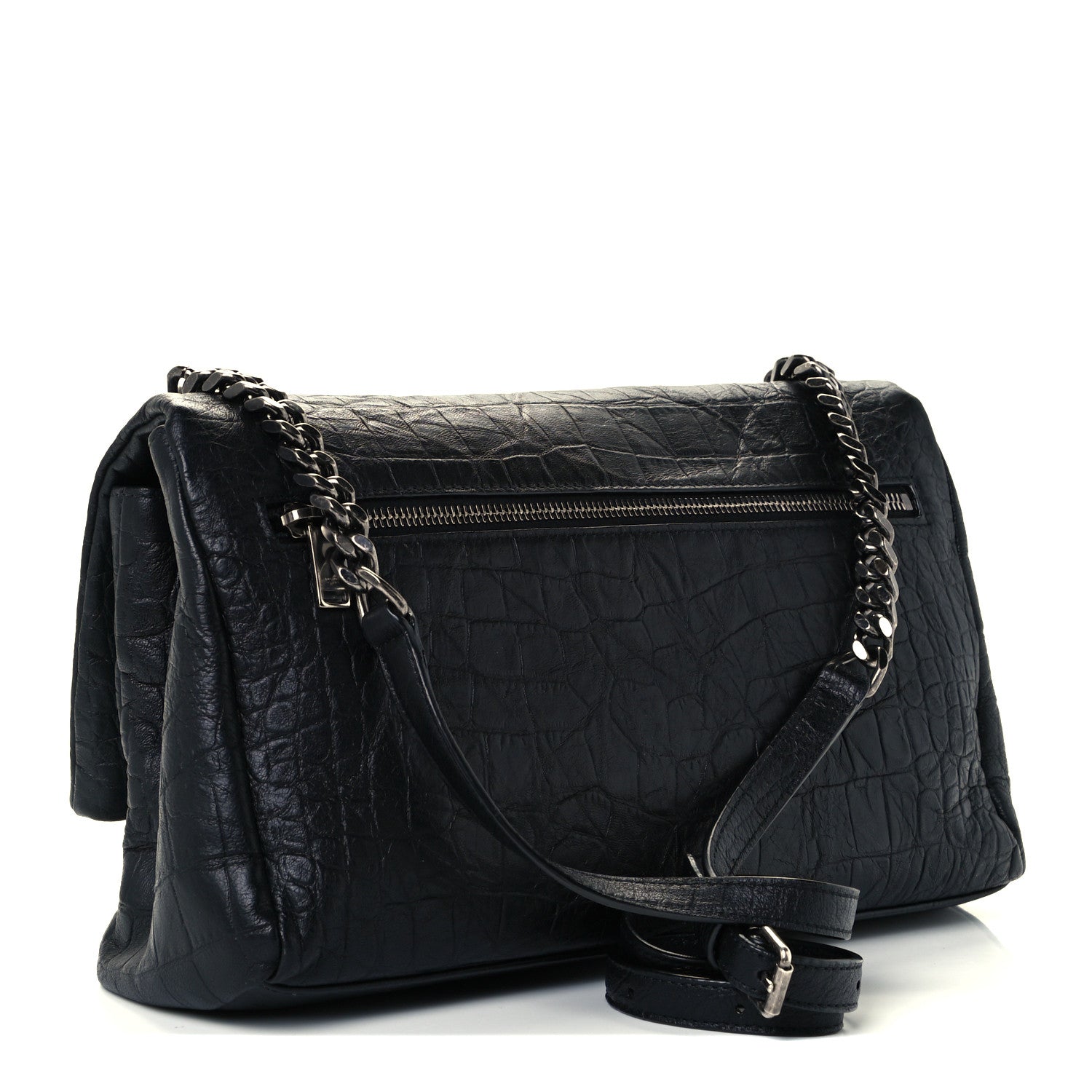 Saint Laurent Calfskin Crocodile Embossed Medium West Hollywood Monogram Fold-Over Black 3 of 12