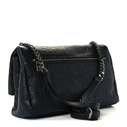 Saint Laurent Calfskin Crocodile Embossed Medium West Hollywood Monogram Fold-Over Black 3 of 12