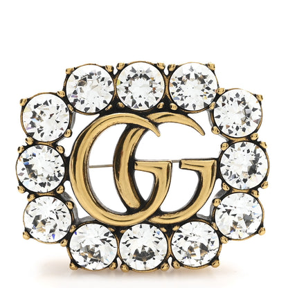 Gucci Metal Crystal Double G Brooch Aged Gold 1 of 3