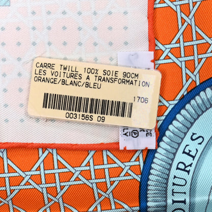 Hermes Silk Les Voitures A Transformation Scarf 90 Orange White Bleu 5 of 5