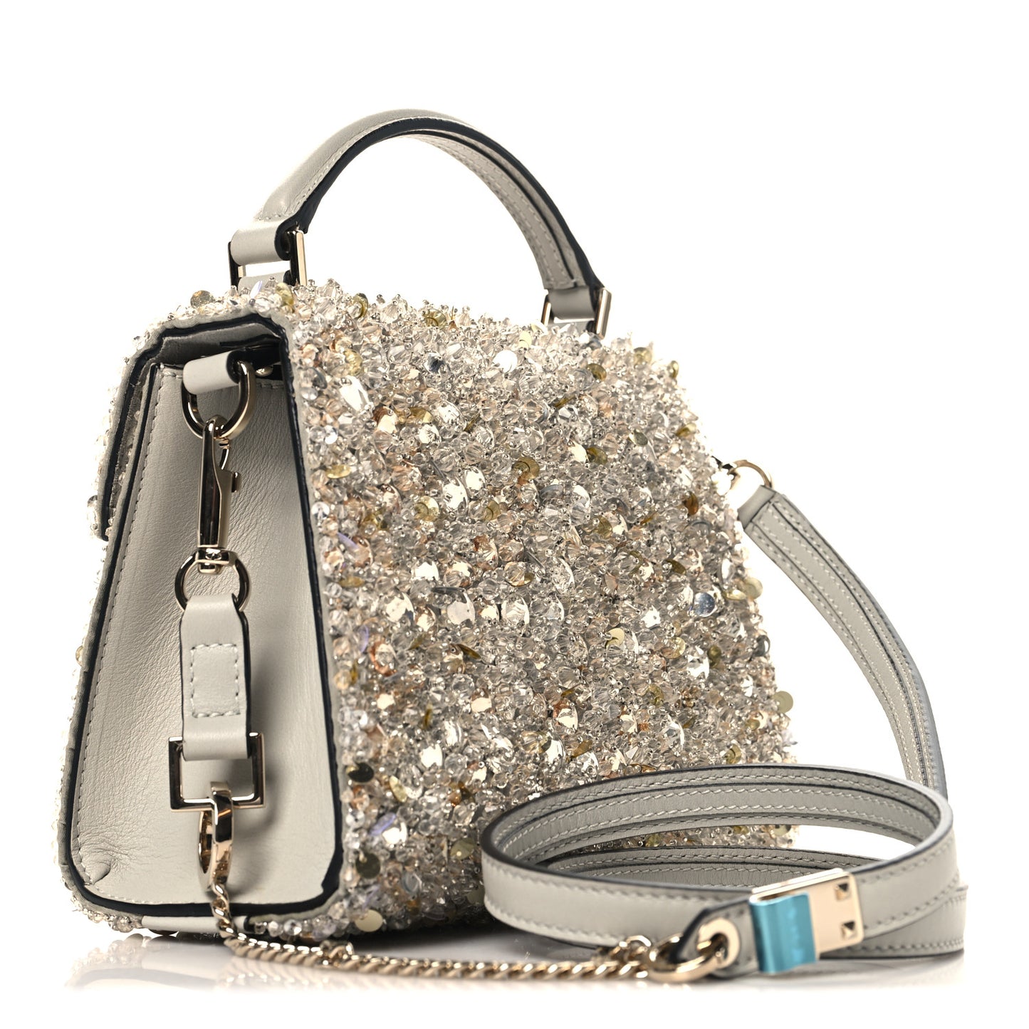Sequin Crystal Embroidered Mini Vsling Top Handle Bag Silver Opal Grey