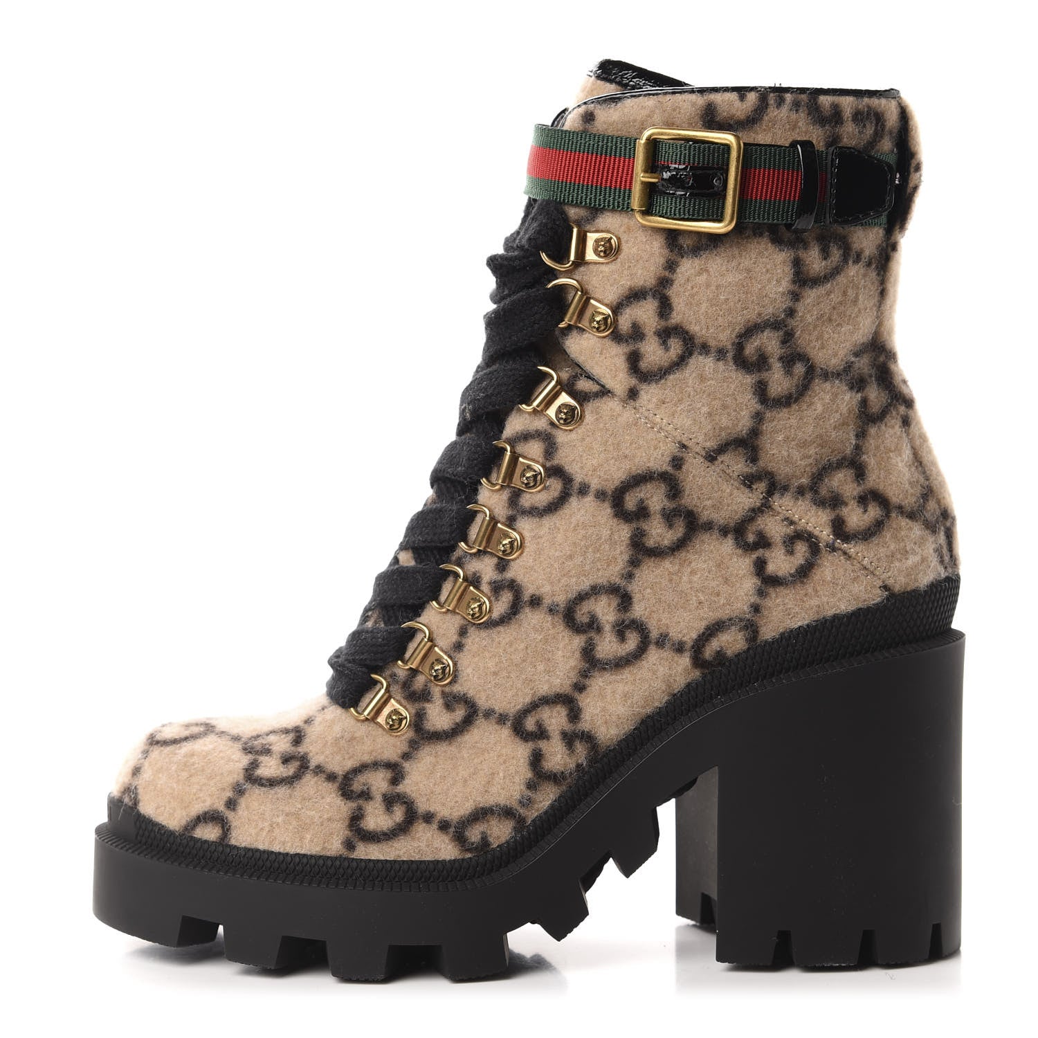 Gucci Covered Wool GG Monogram Womens Lace Up Combat Ankle Boots 37 Beige Ebony Black 1 of 9