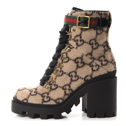 Gucci Covered Wool GG Monogram Womens Lace Up Combat Ankle Boots 37 Beige Ebony Black 1 of 9