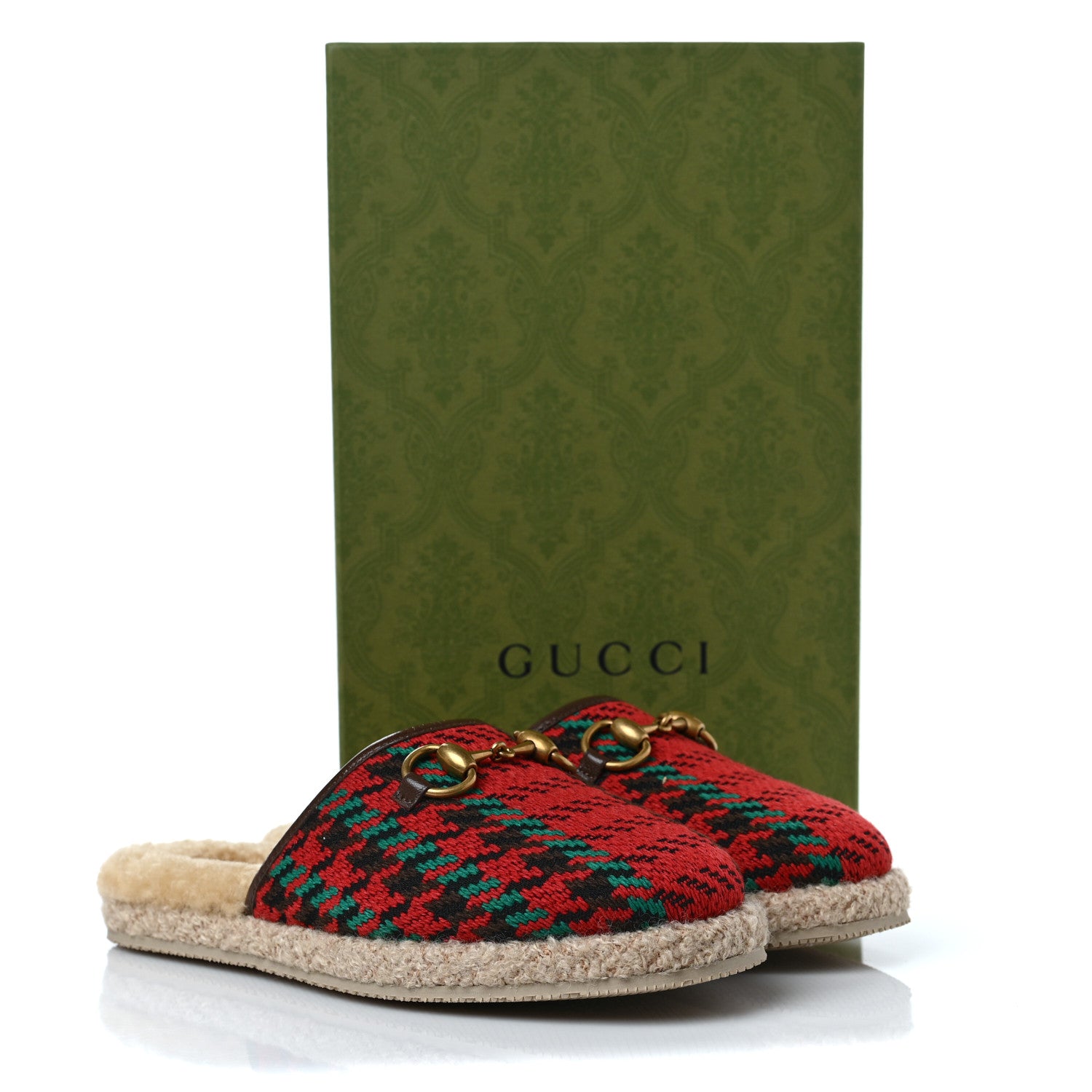 Gucci Tweed Wool Houndstooth Womens Fria Slippers 36 Red Green New Acero Butterscotch 10 of 10