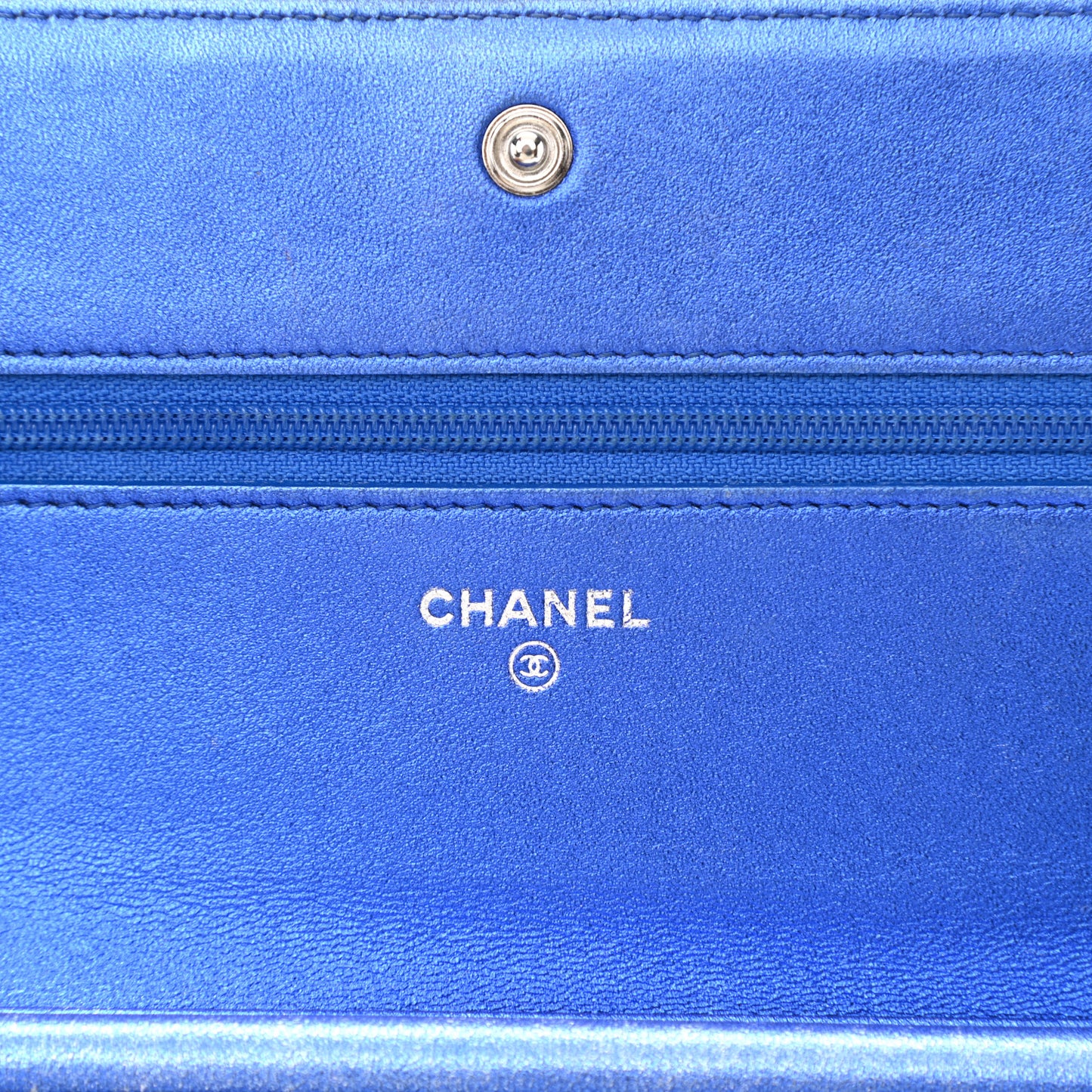 Metallic Patent Calfskin Quilted Boy Wallet On Chain WOC Blue