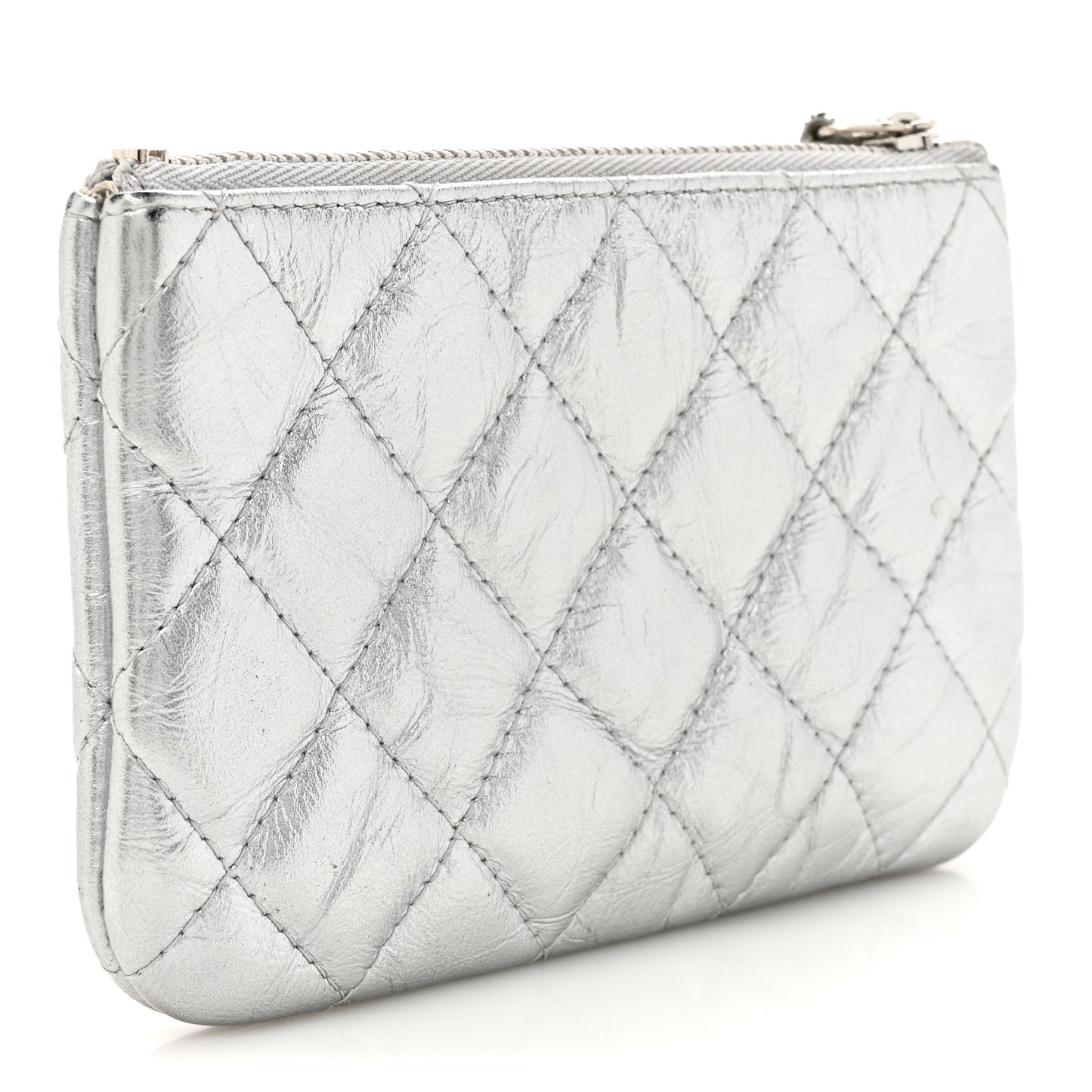 Metallic Aged Calfskin Quilted Small Cosmetic Pouch Silver