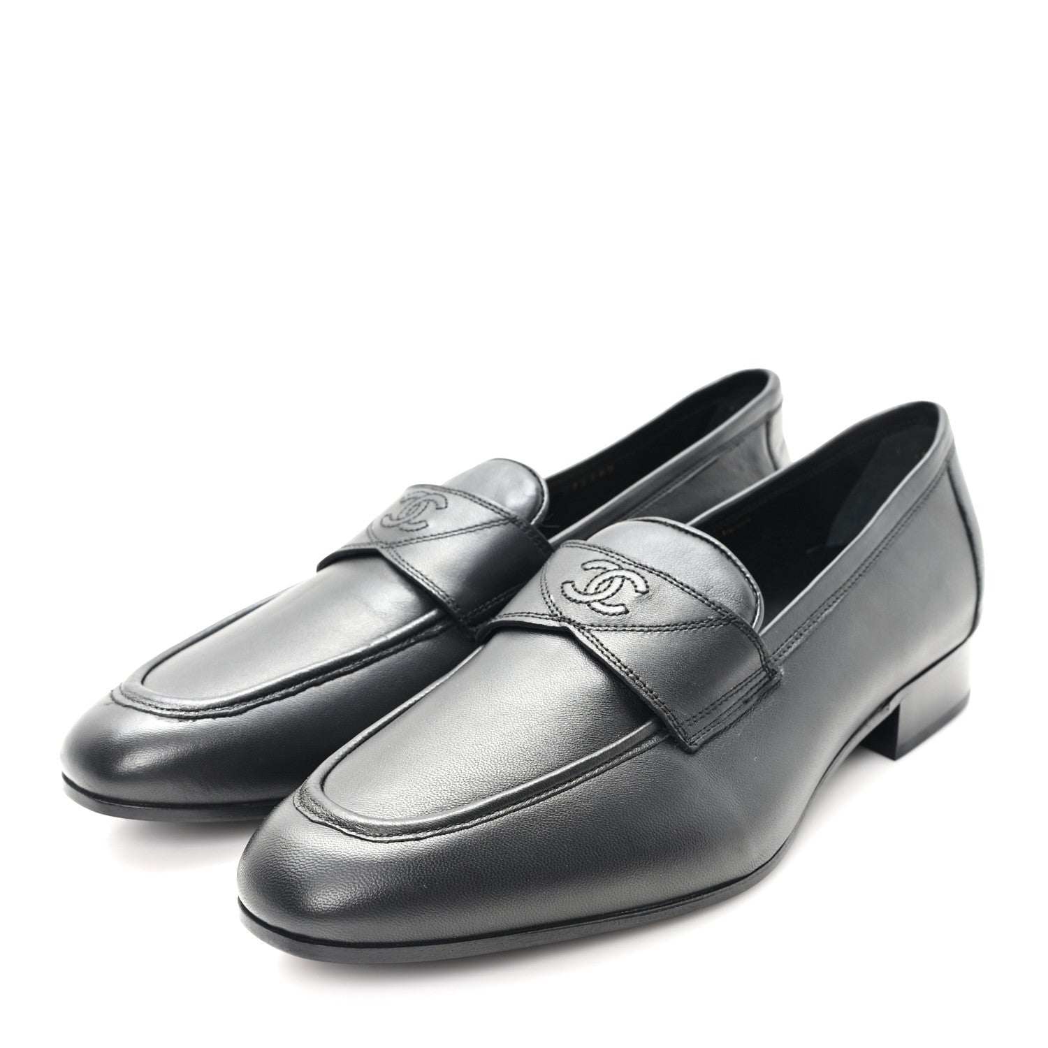 Chanel Lambskin Mens Stitched CC Loafers 42 Black 1821085