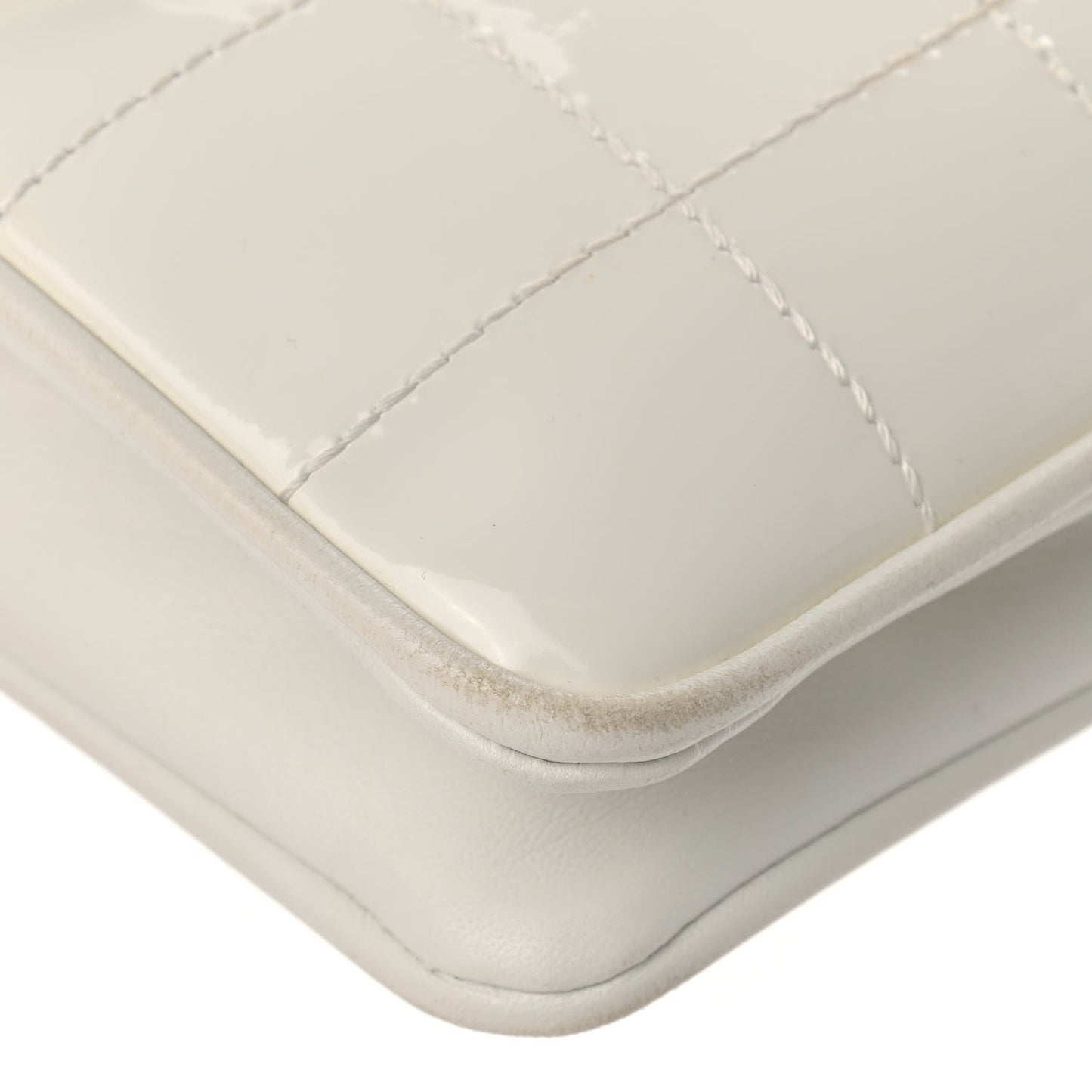 Patent Square Stitched CC Flap Clutch White
