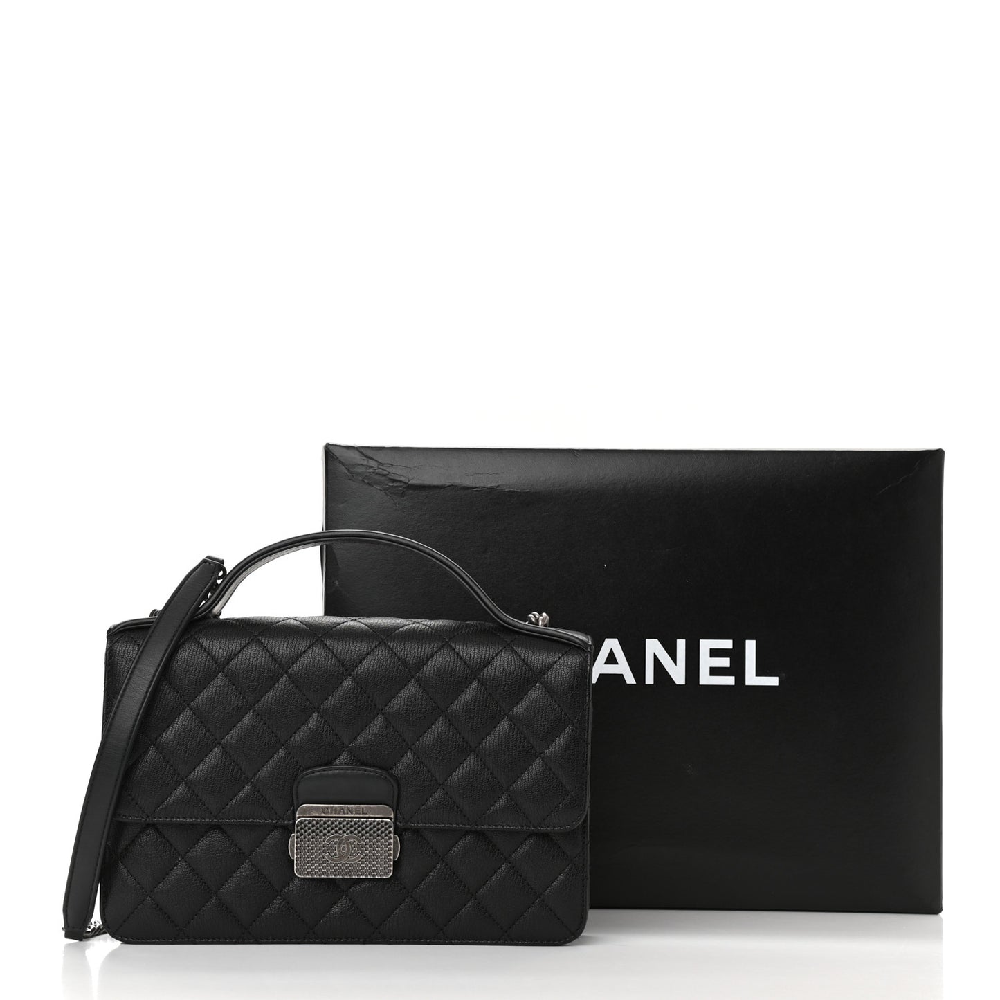 Goatskin Quilted CC University Top Handle Flap Black