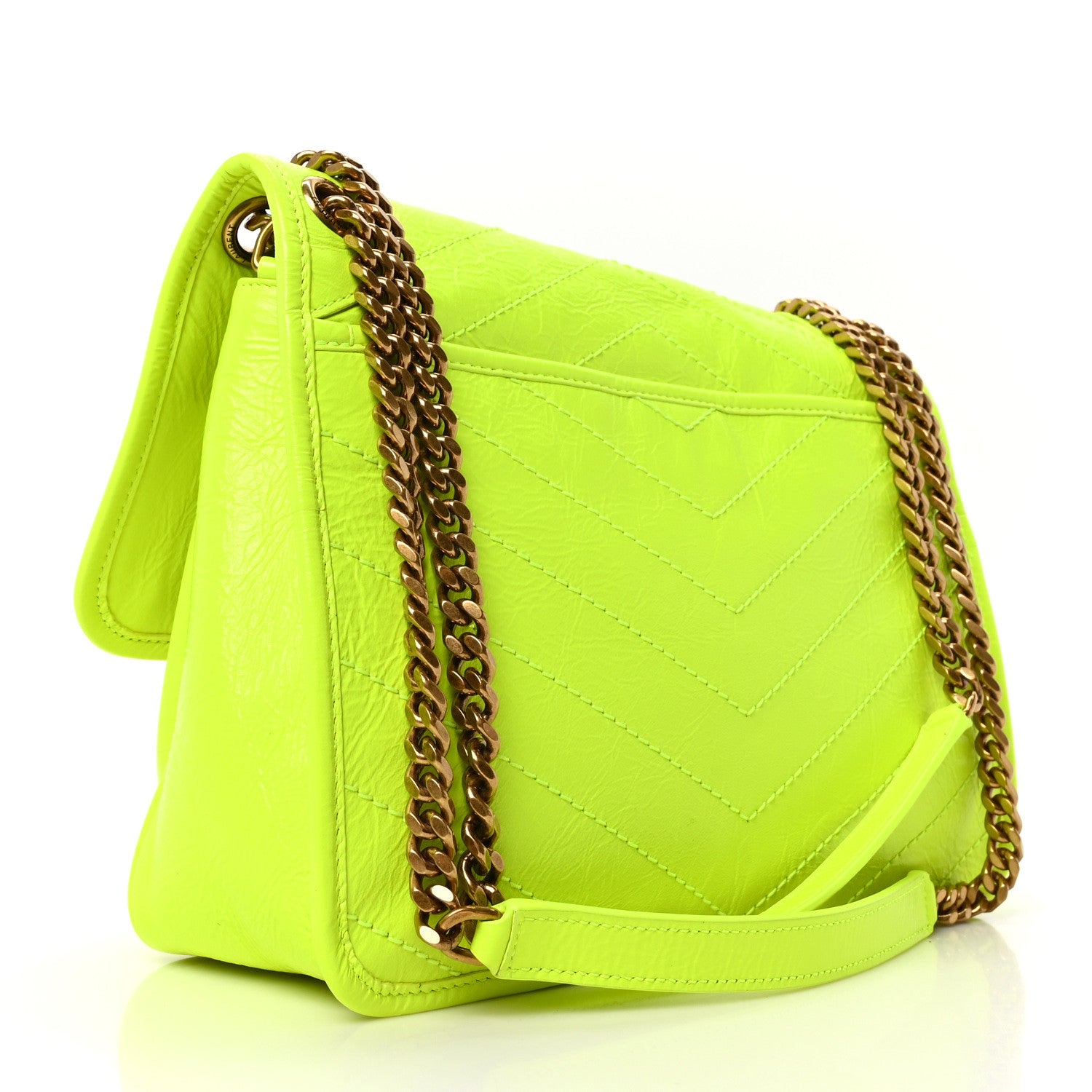 Saint Laurent Crinkled Calfskin Matelasse Monogram Medium Niki Chain Satchel Neon Yellow 3 of 9