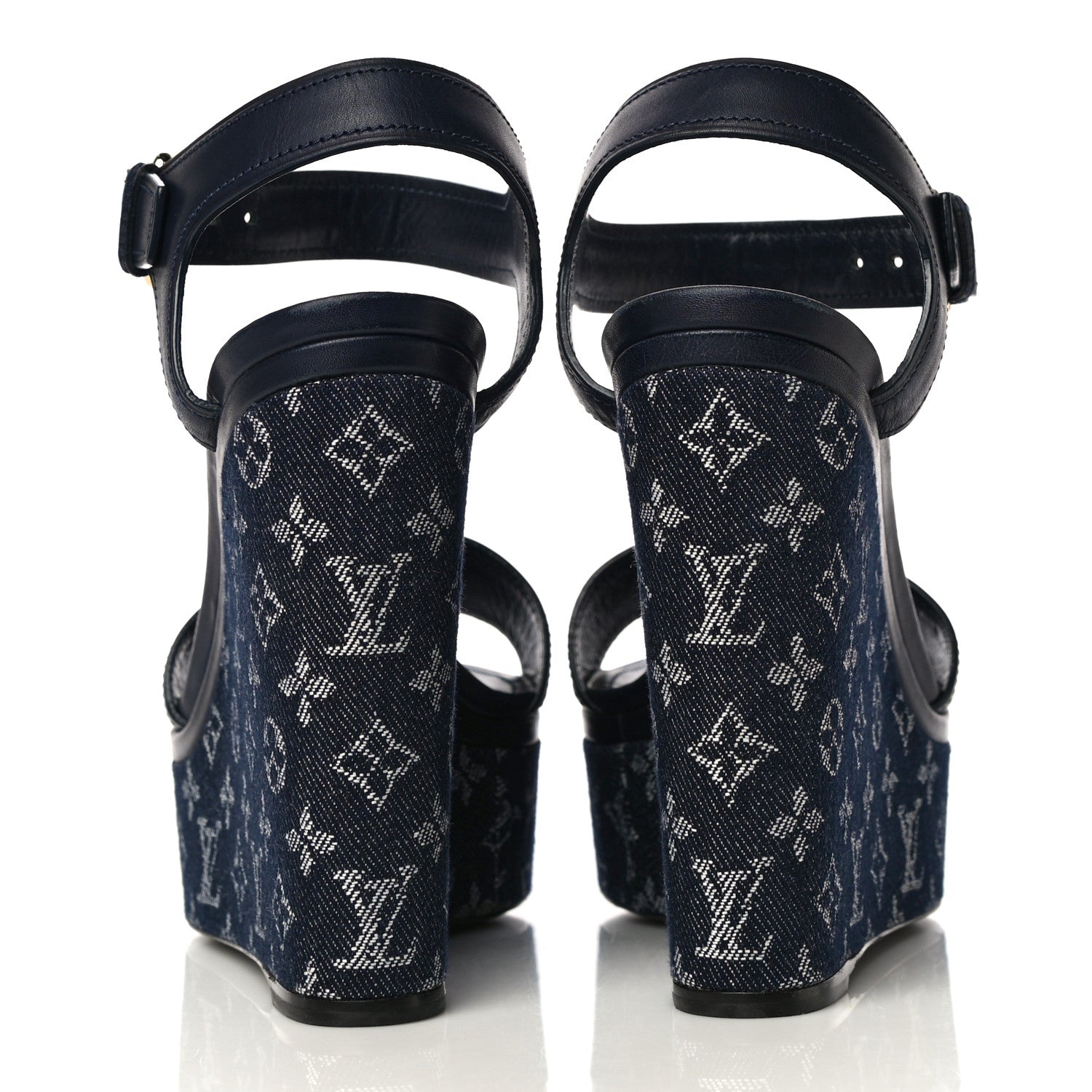 Louis Vuitton Calfskin Monogram Denim Waterfall Wedge Sandals 38 Blue 5 of 18