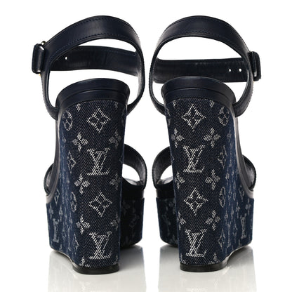 Louis Vuitton Calfskin Monogram Denim Waterfall Wedge Sandals 38 Blue 5 of 18