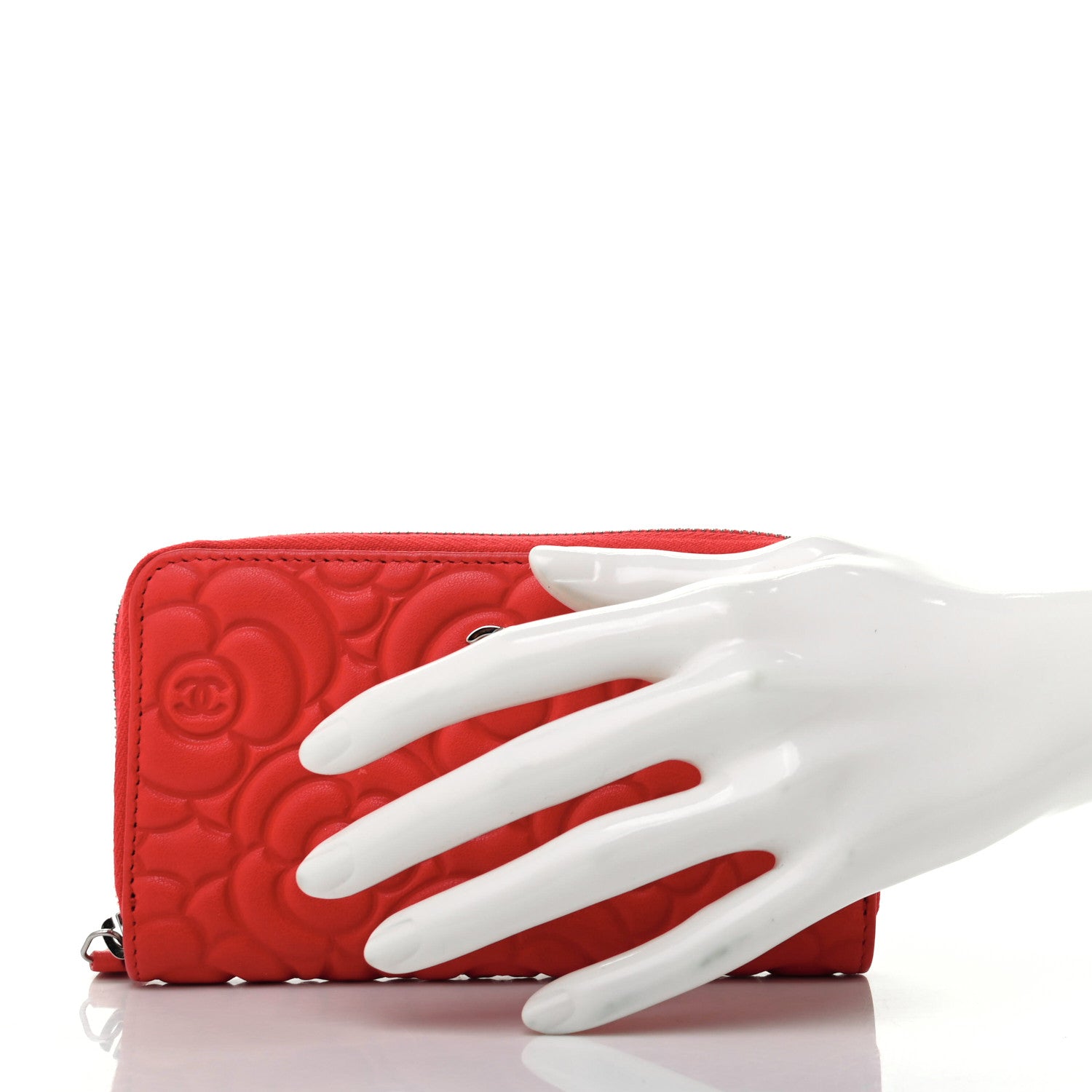 Chanel Goatskin Camellia Embossed Medium Zip Around Wallet Red 2 of 9