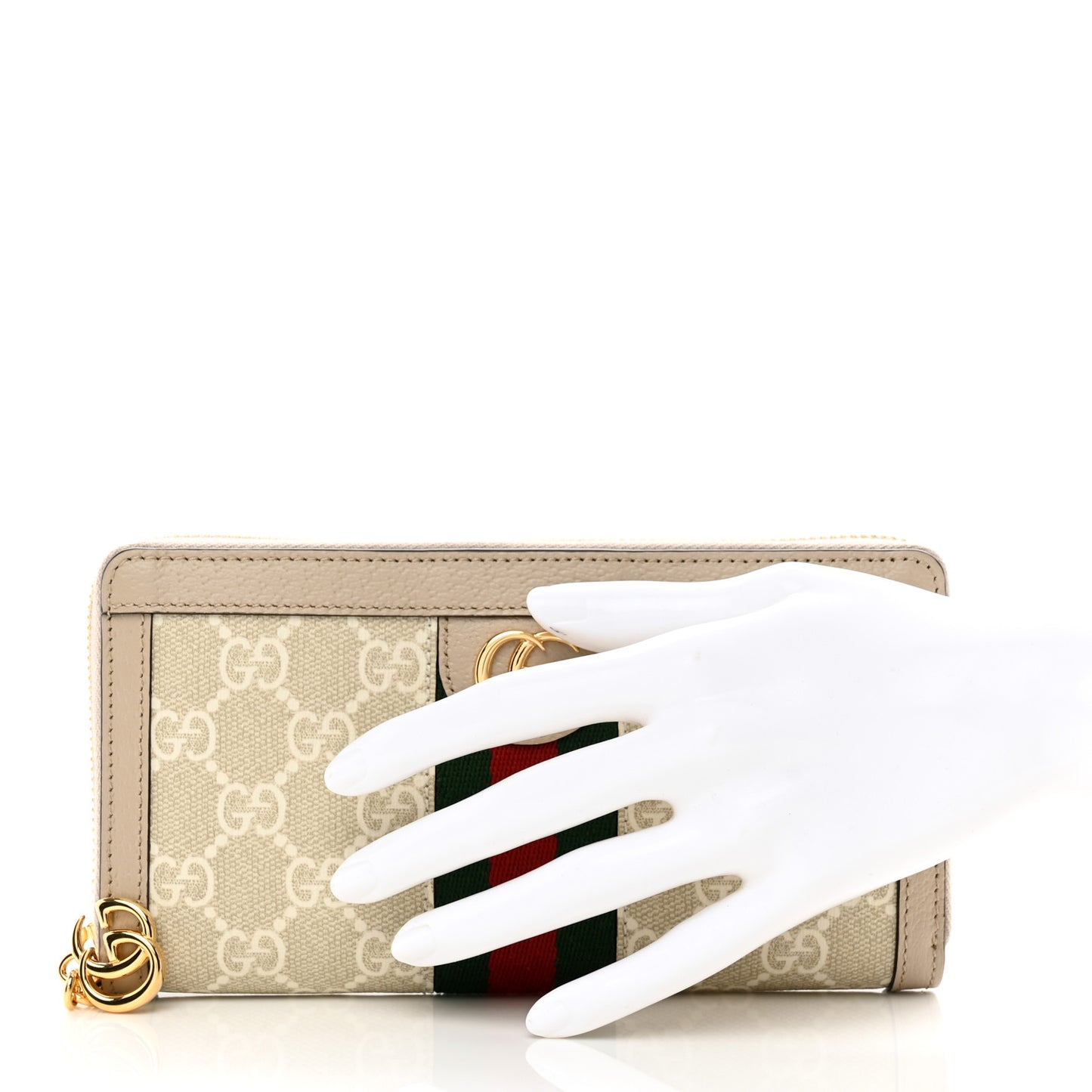 GG Supreme Monogram Textured Dollar Calfskin Web Ophidia Zip Around Wallet Beige Mystic White Oatmeal