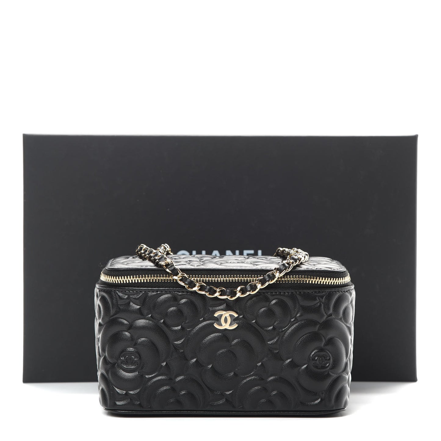 Lambskin Camellia Embossed Small Vanity Case With Chain Black
