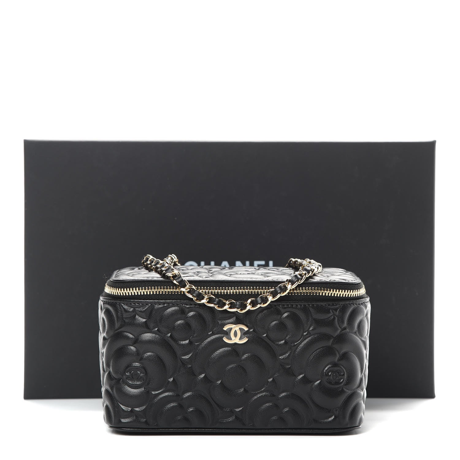 Chanel Lambskin Camellia Embossed Small Vanity Case With Chain Black 12 of 12