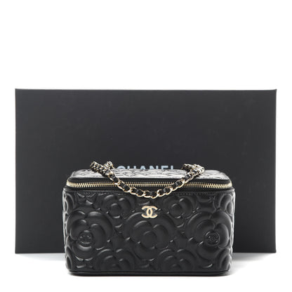 Chanel Lambskin Camellia Embossed Small Vanity Case With Chain Black 12 of 12