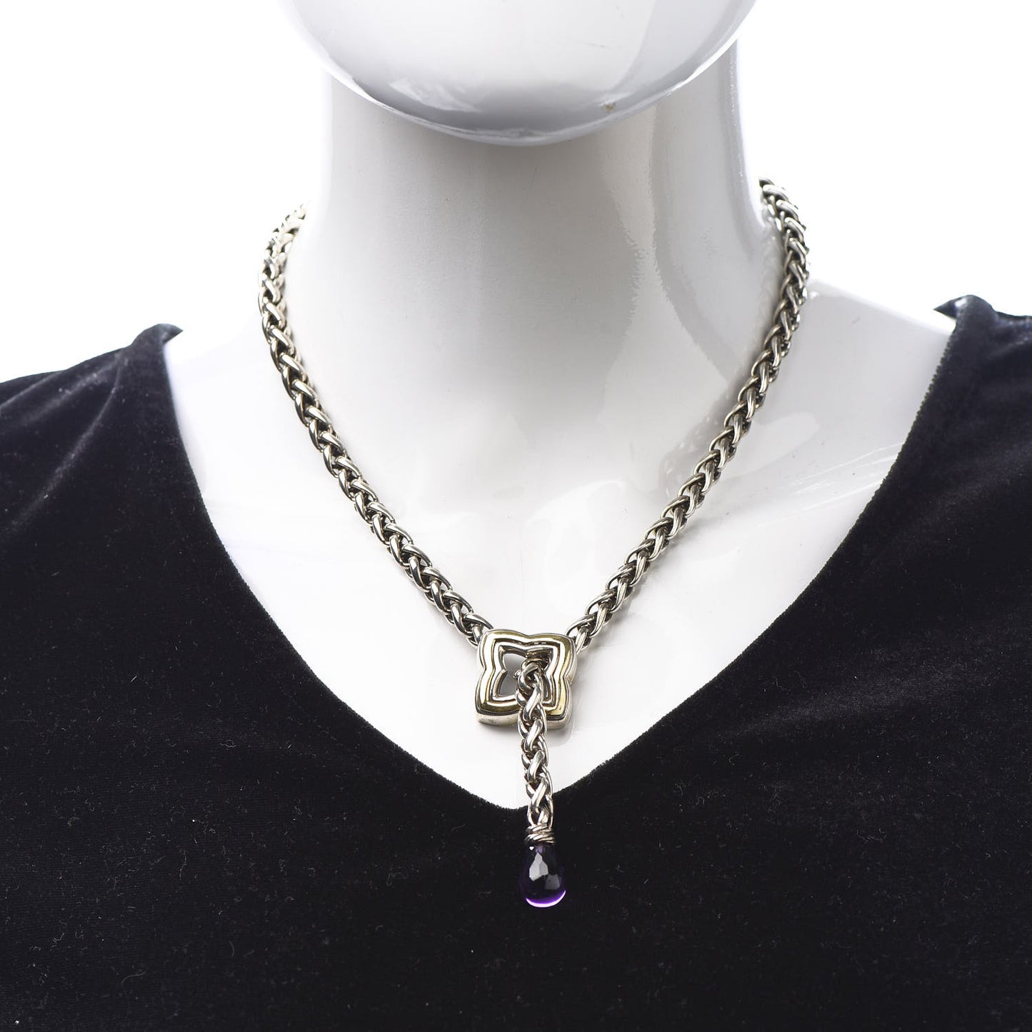 Sterling Silver 18K Yellow Gold Amethyst Quatrefoil Lariat Wheat Chain Necklace