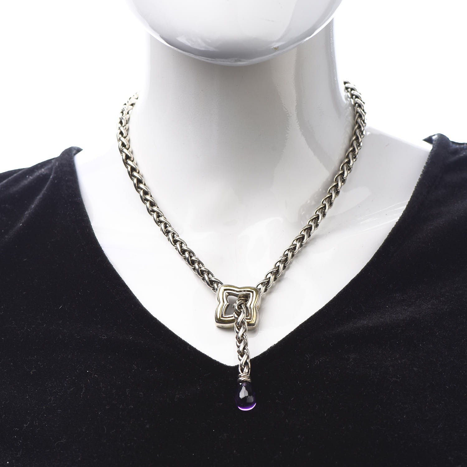 David Yurman Sterling Silver 18K Yellow Gold Amethyst Quatrefoil Lariat Wheat Chain Necklace 2 of 6