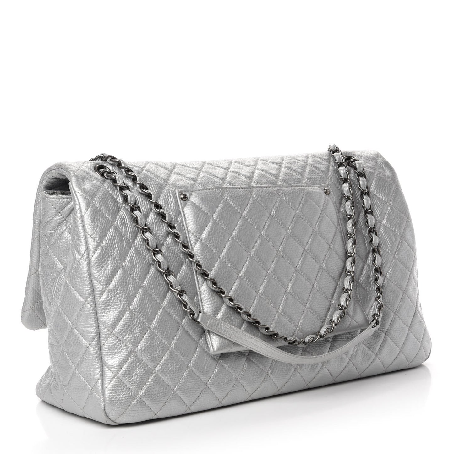 Metallic Calfskin Quilted XXL Travel Flap Bag Silver