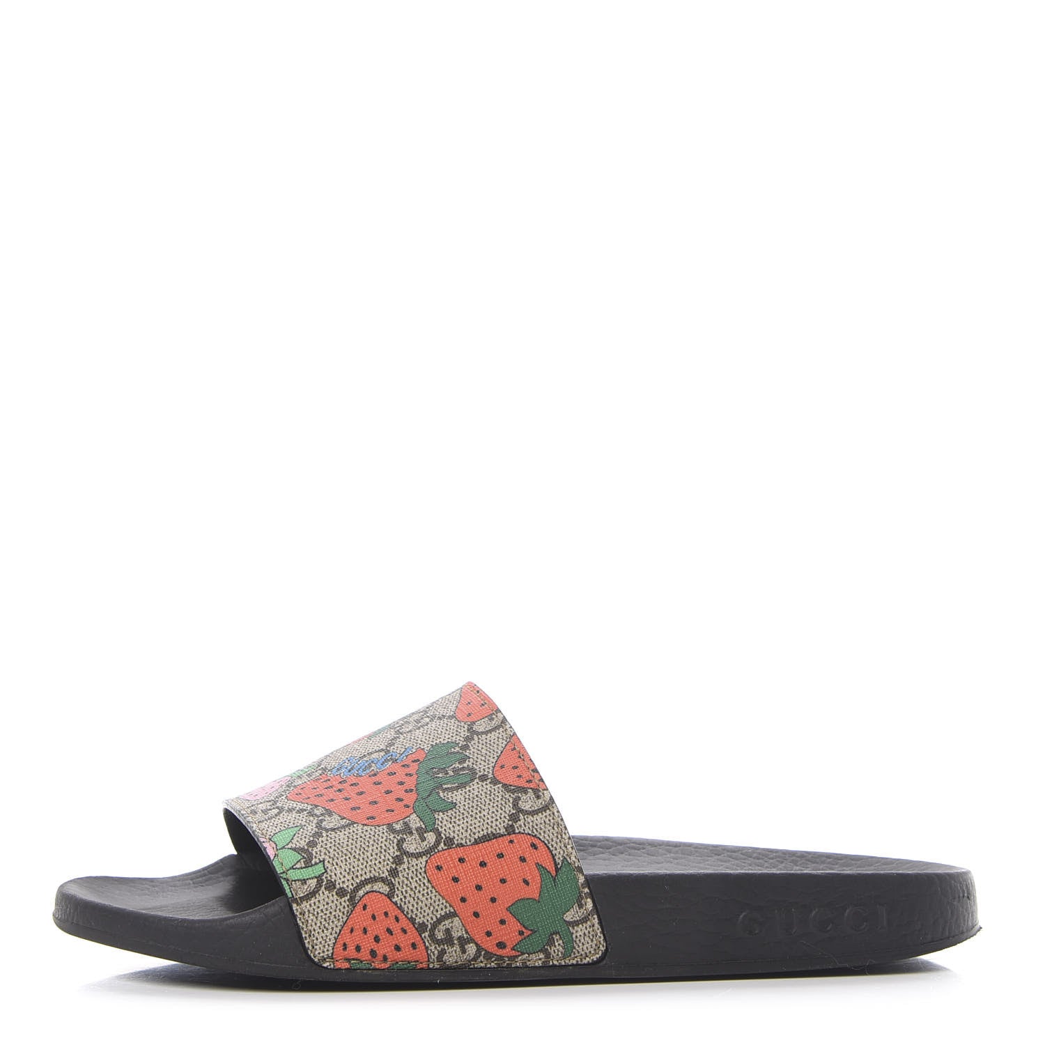 Gucci GG Supreme Monogram Strawberry Slide Sandals 37 Beige Multicolor 1 of 10