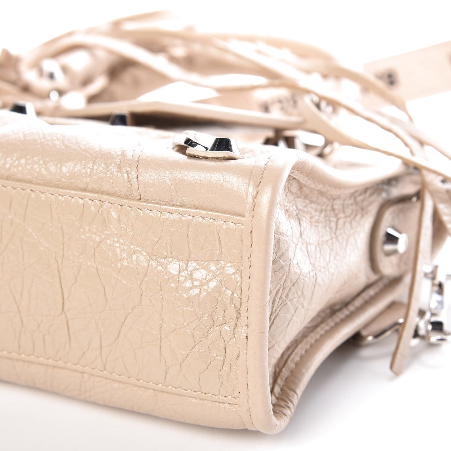 Agneau Classic Silver Hardware Mini City Logo Strap Beige Tapioca