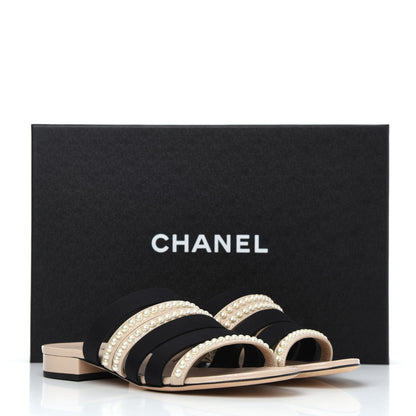 Chanel Patent Calfskin Grosgrain CC Pearl Mules 36 Beige Black 25 of 26