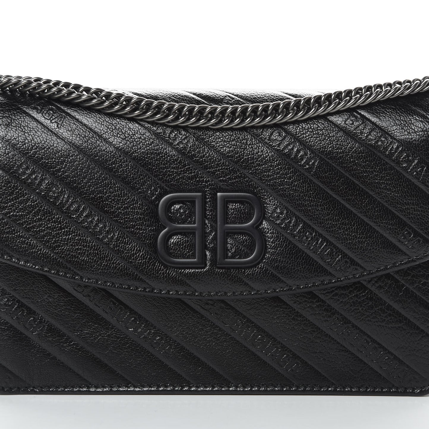 Shiny Goatskin Logo Embossed Monochrome BB Wallet On Chain Black