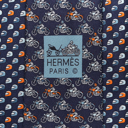 Hermes Printed Silk Mens Cavaliere Neck Tie Bleu Ardoise Orange 5 of 6