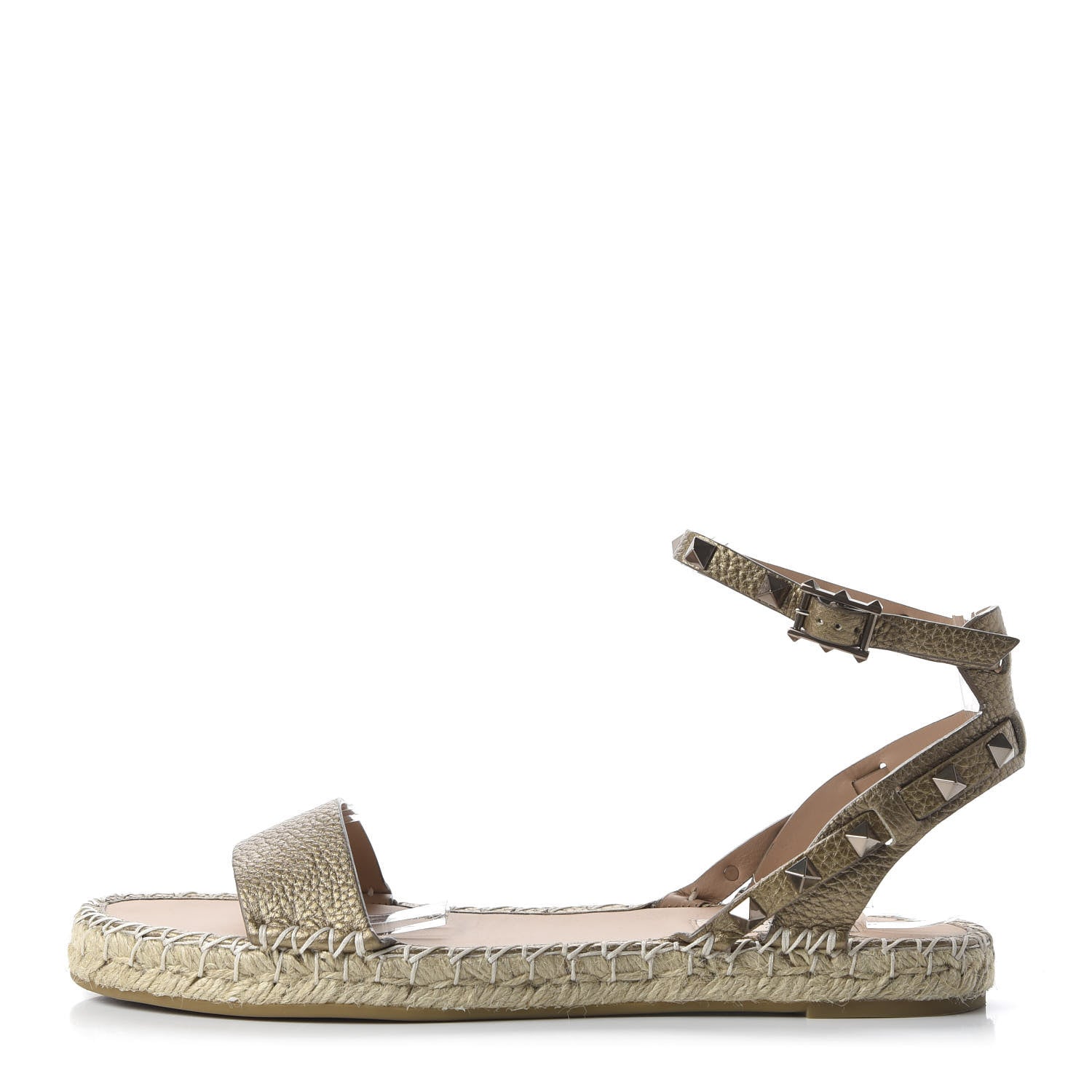 Valentino Garavani Metallic Calfskin Rockstud Ankle Strap Espadrille Flat Sandals 40 Skin 1 of 9
