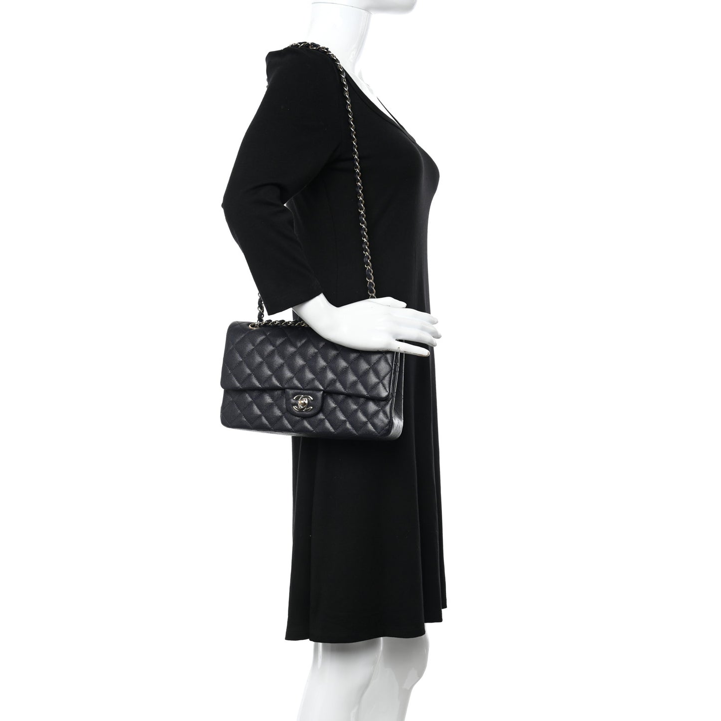 Caviar Quilted Medium Double Flap Dark Blue