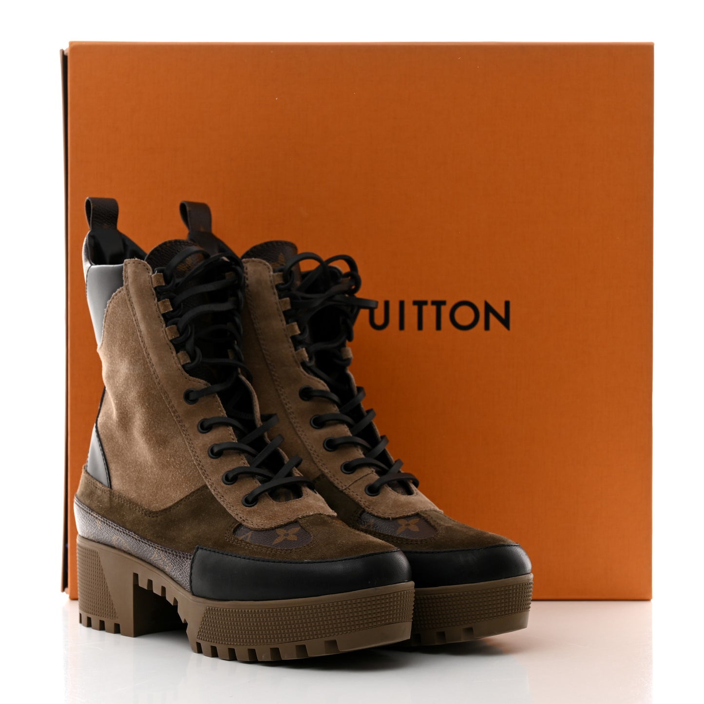 Suede Calfskin Monogram Laureate Platform Desert Boots 39.5 Taupe