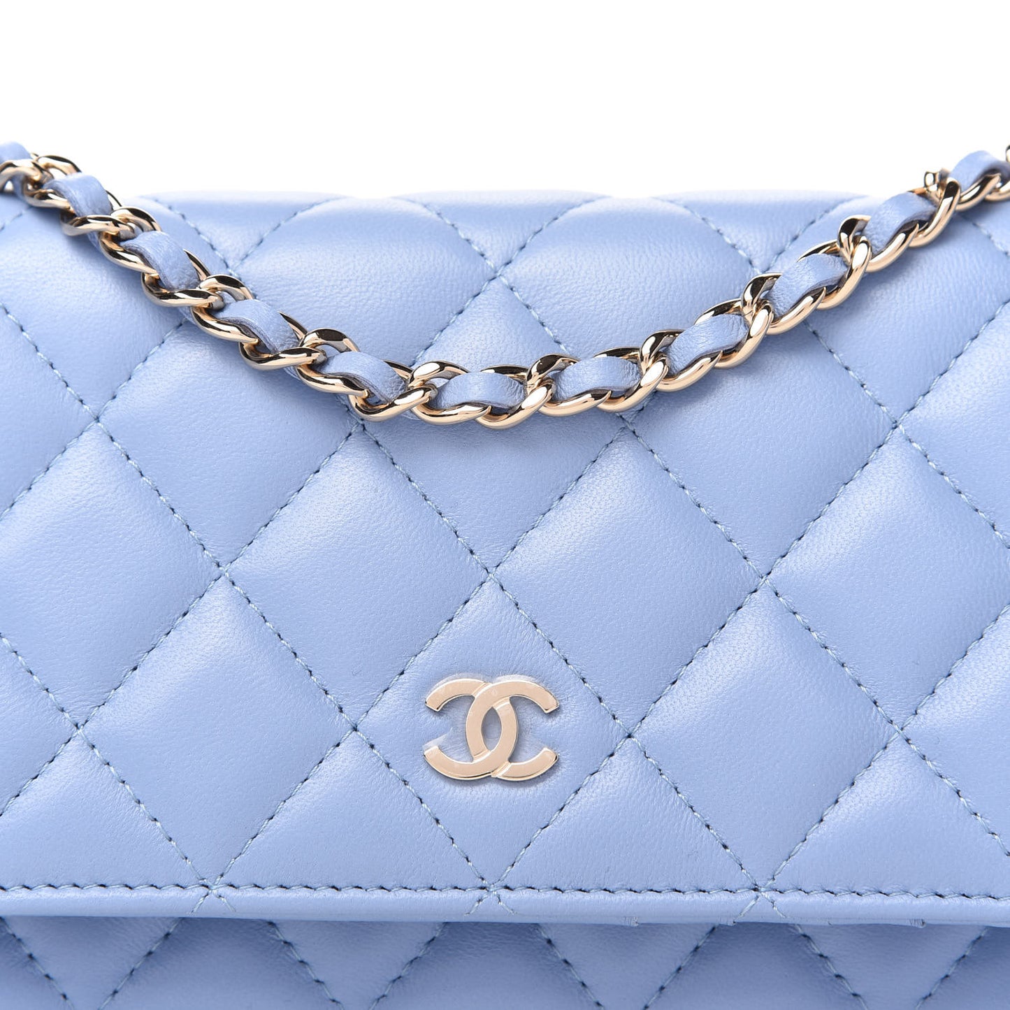 Lambskin Quilted Mini Wallet On Chain WOC Light Blue