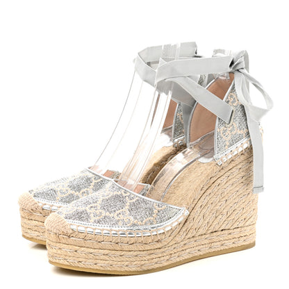 Gucci Lame GG Monogram Ankle Wrap Platform Espadrille Wedges 37 Silver Beige Light Grey 3 of 9
