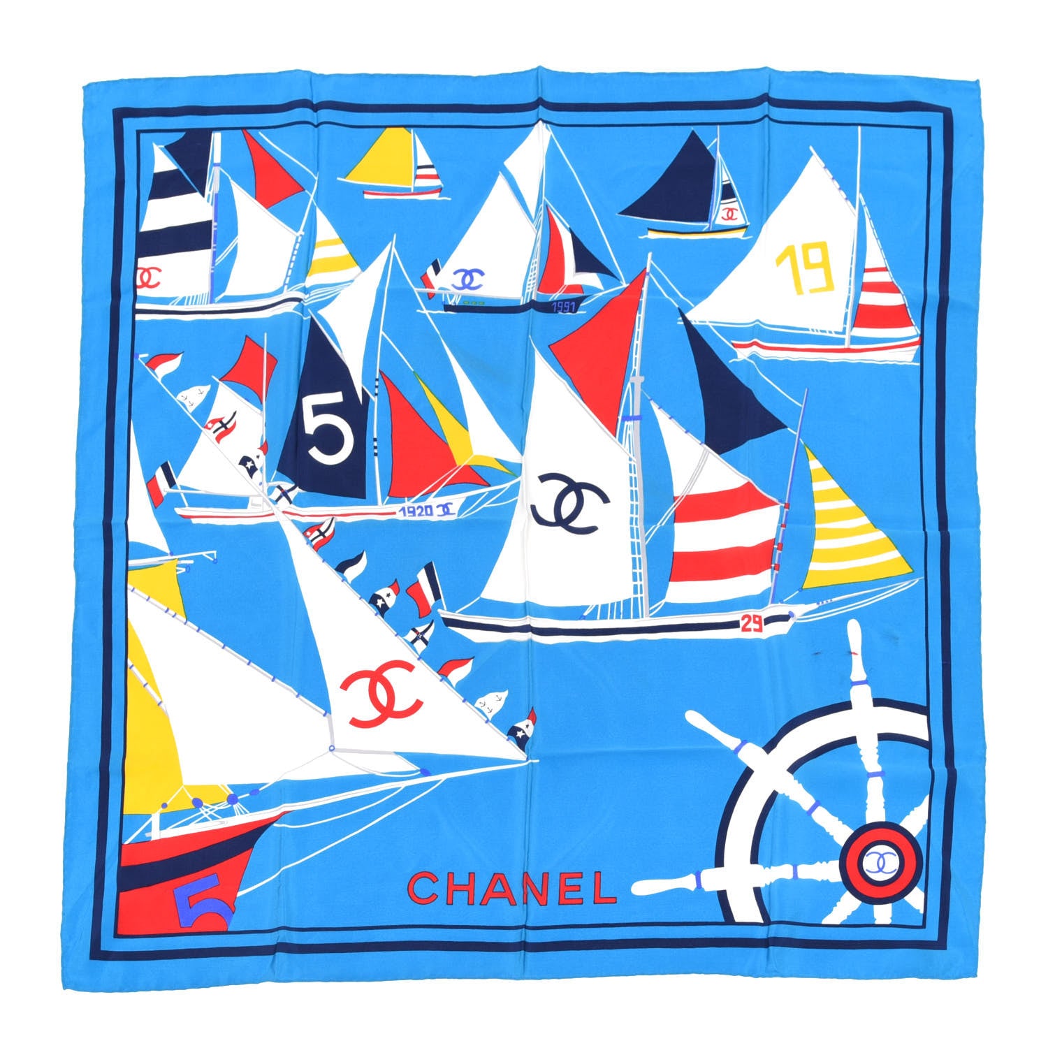Chanel Silk Sailboat Print Square Scarf Blue Multicolor 1 of 6