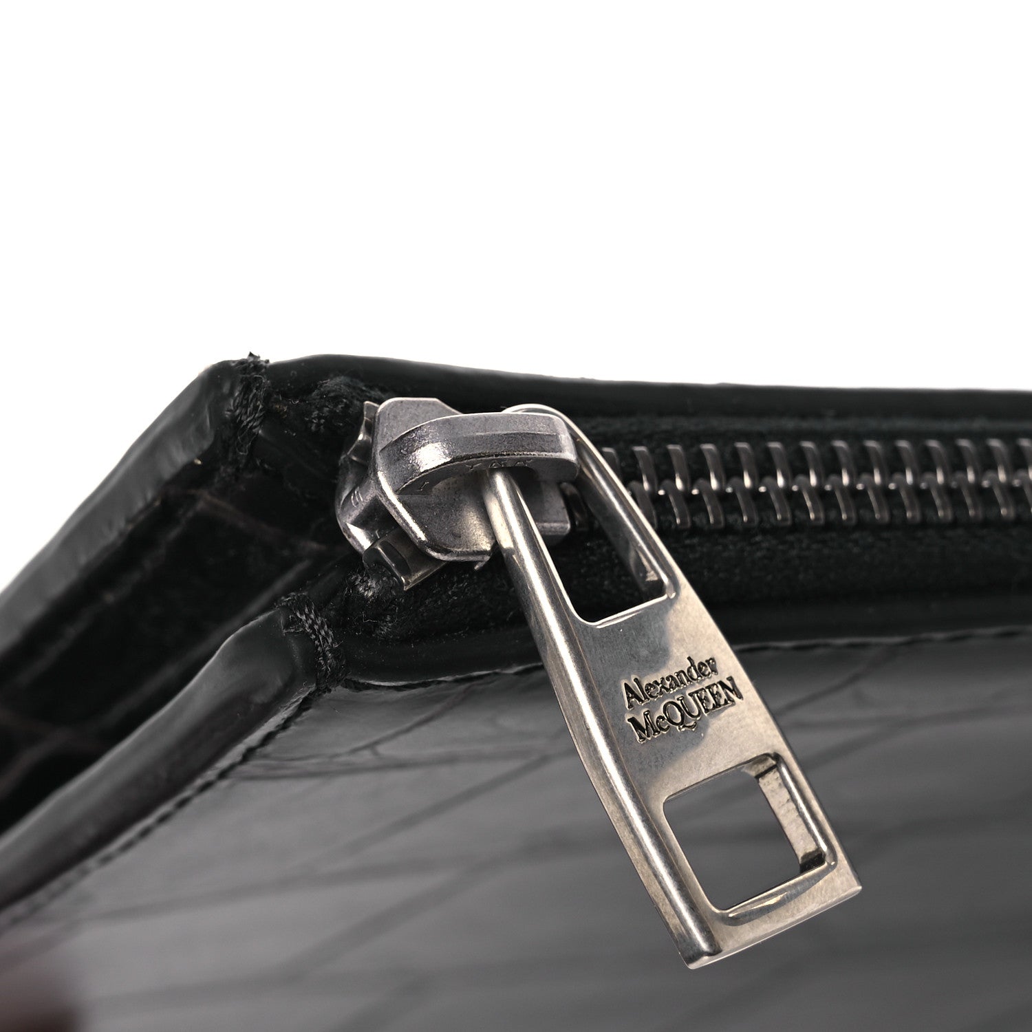 Alexander McQueen Calfskin Crocodile Embossed Knuckle Flat Zip Clutch Black 15 of 16