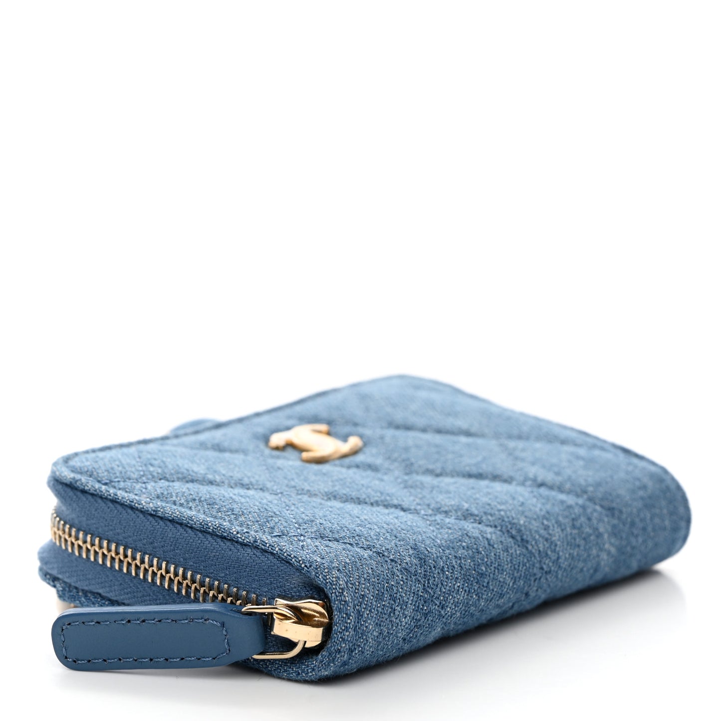 Denim Quilted CC Pearl Crush Zip Card Holder On Chain Blue