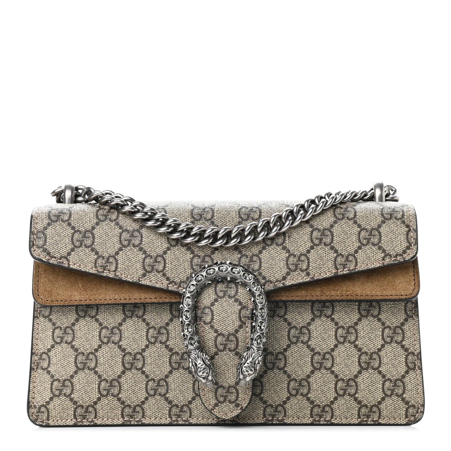 GG Supreme Monogram Suede Crystal Small Dionysus Shoulder Bag Beige Ebony Taupe