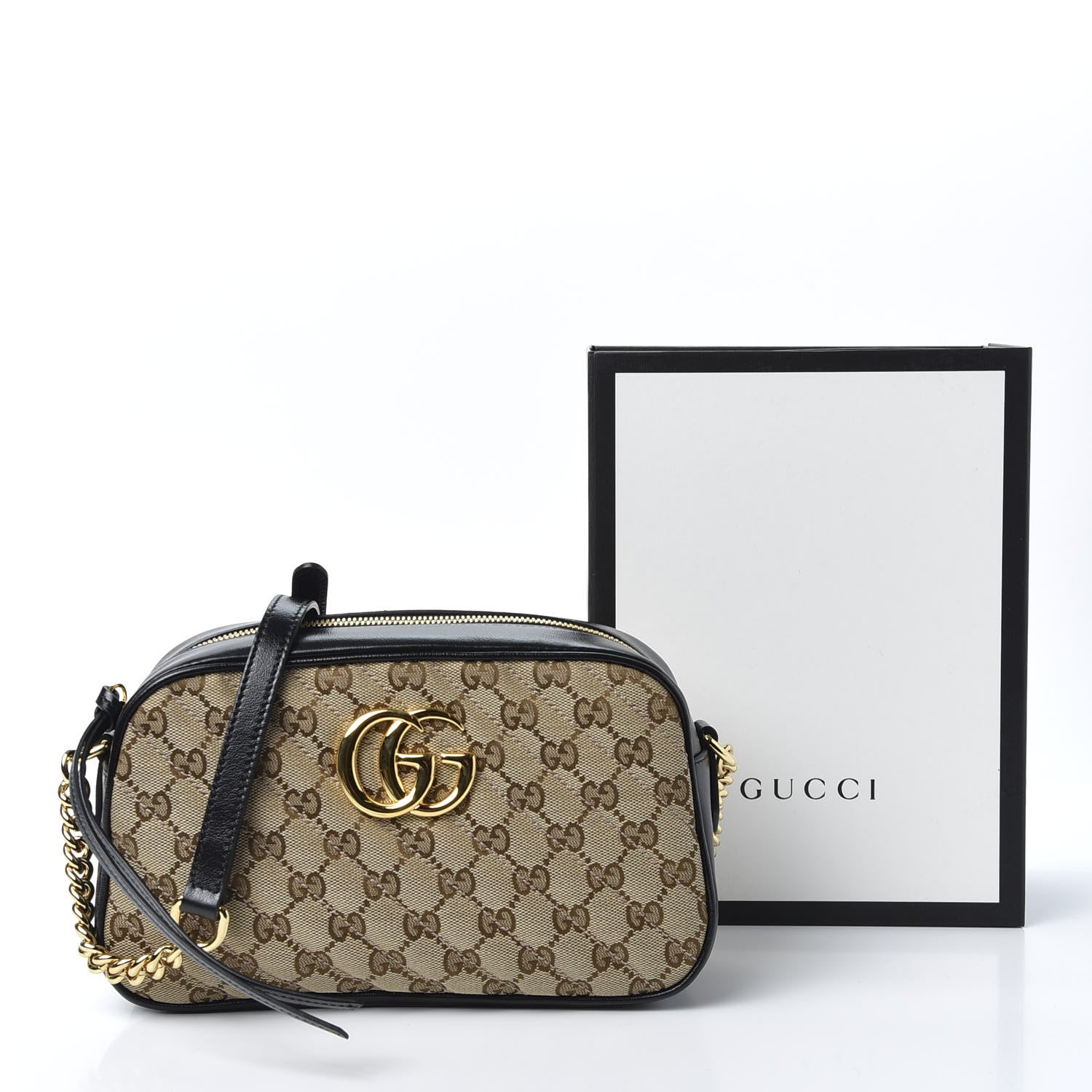 Gucci Monogram Matelasse Diagonal Small GG Marmont Chain Shoulder Bag Beige Black 10 of 10