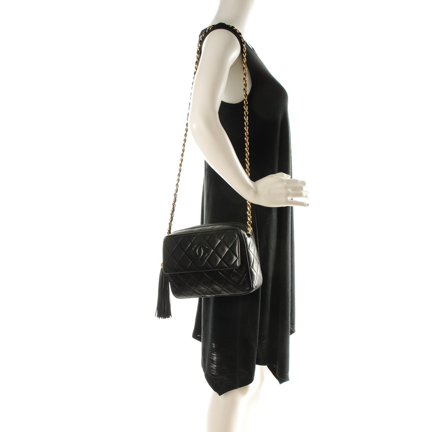 Lambskin Quilted Tassel Flap Camera Case Black
