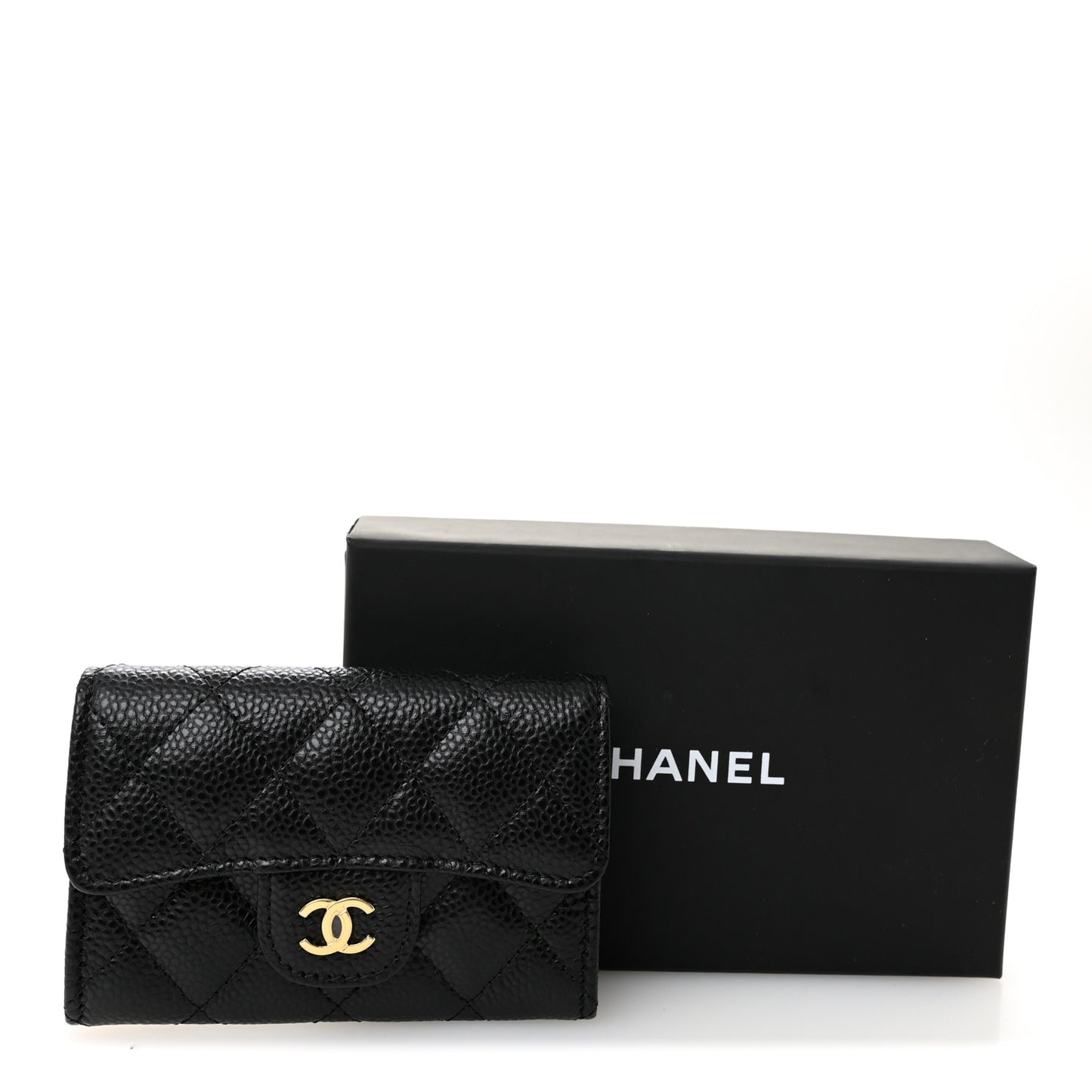 Caviar Quilted Flap Card Holder Wallet Black