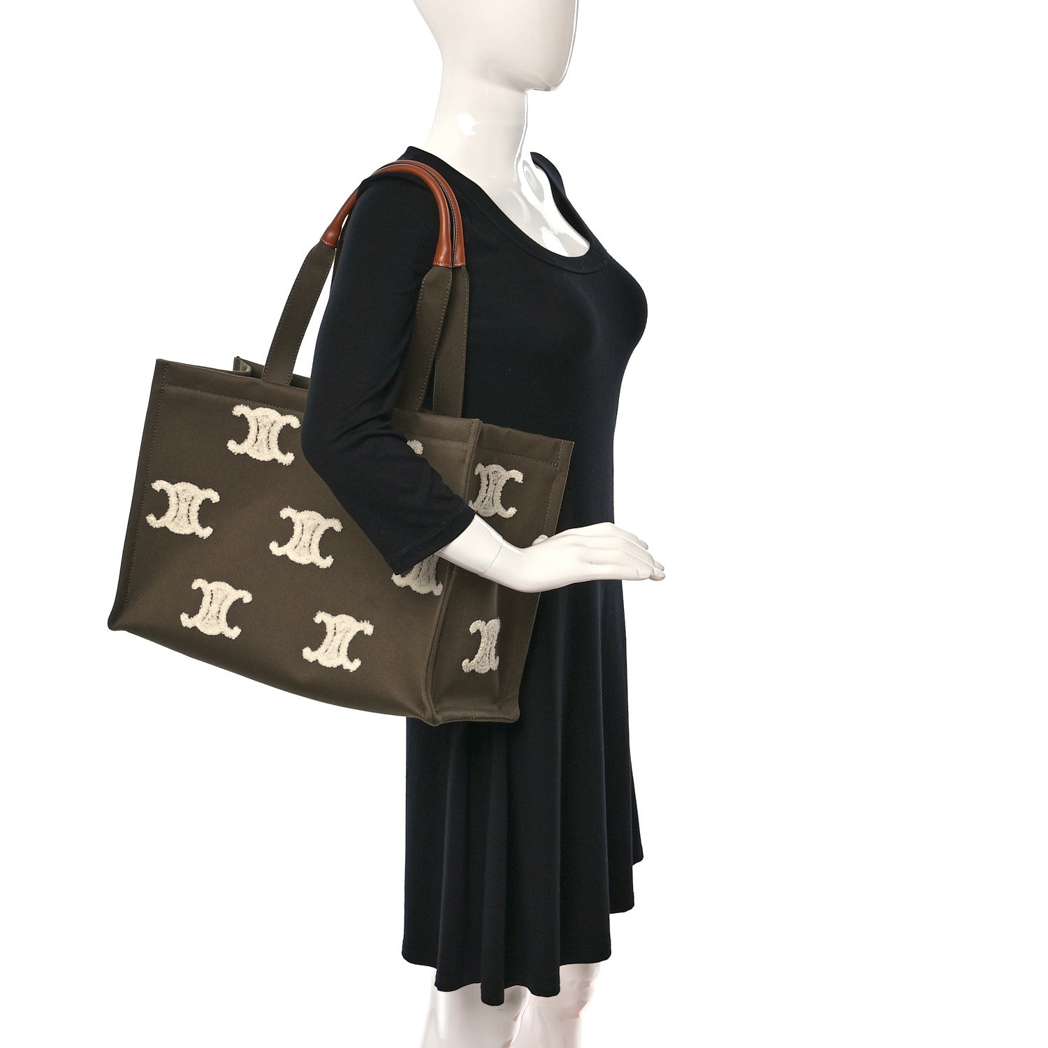 Celine Canvas Calfskin Embroidered Triomphe Large Cabas Thais Khaki Tan 2 of 13