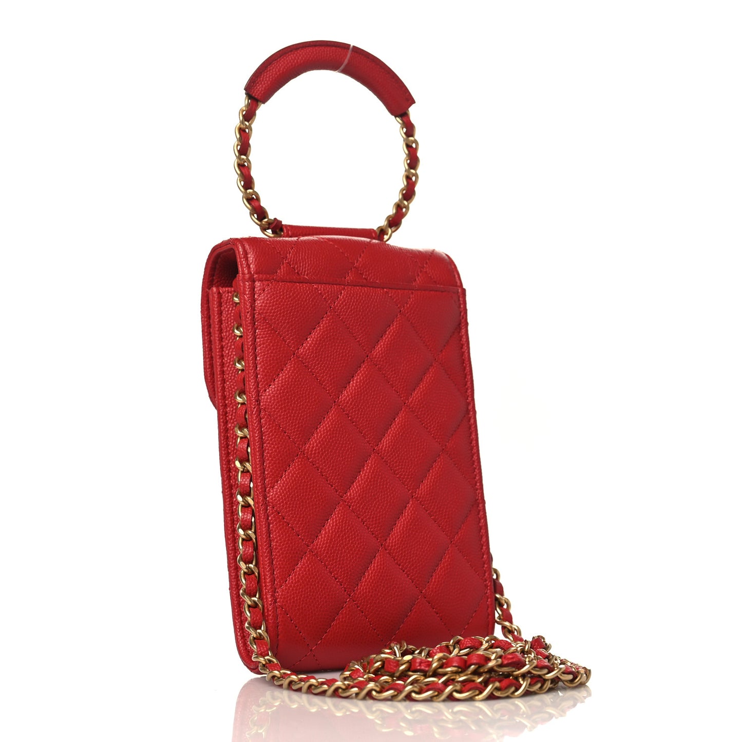Caviar Quilted Chain Handle Round Phone Holder Red