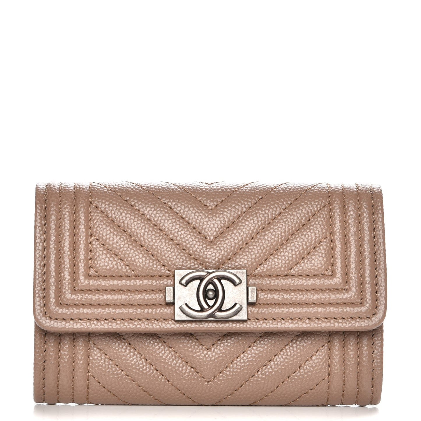 Caviar Chevron Quilted Boy Card Holder Wallet Dark Beige